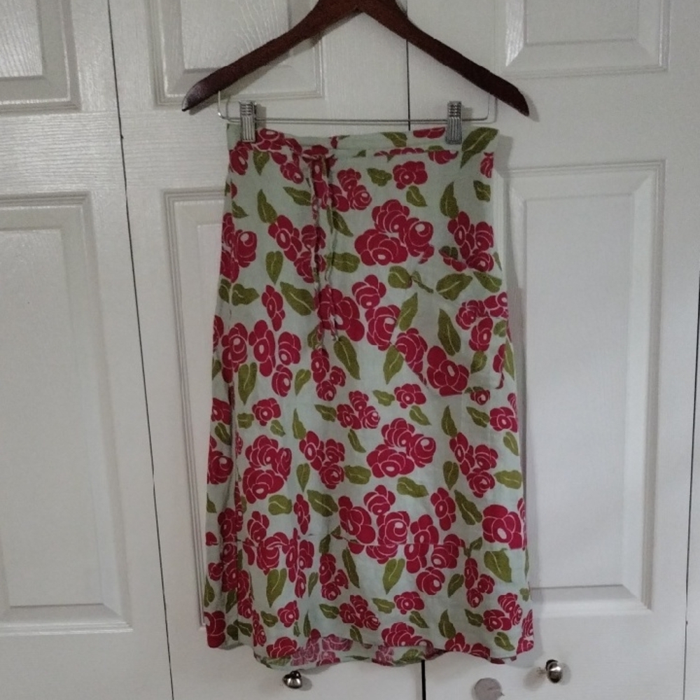 Flax Linen Floral Skirt Size Small Pull n Front Tie And Elastic Waist Back Reso
